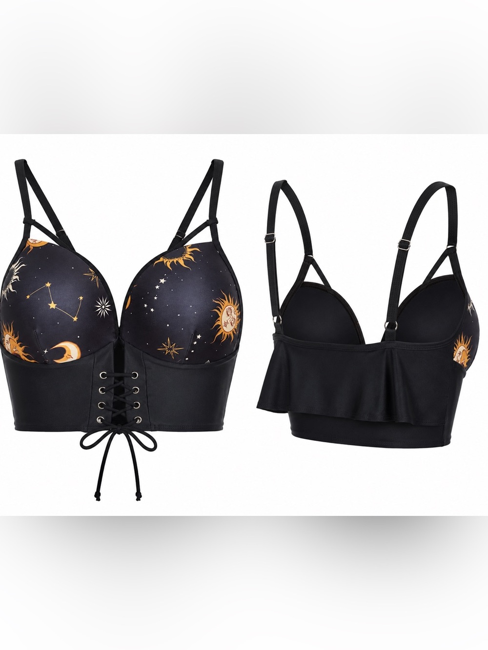 Celestial Sun Moon Lace Up Longline Bikini  Corset Top Swimsuit Black XL Cosmic